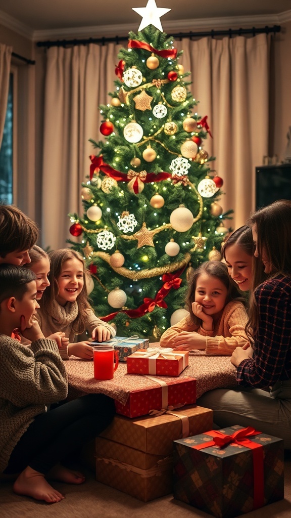 A joyful family celebrating Christmas together around a decorated tree.
